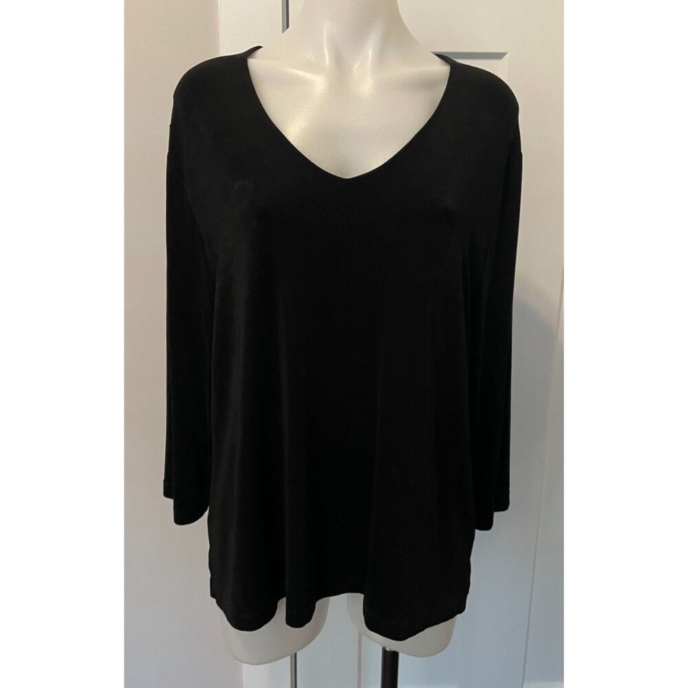 CHICOS Travelers Womens TOP 3/4 Sleeve BLACK V-Neck Size 4 (20/22)